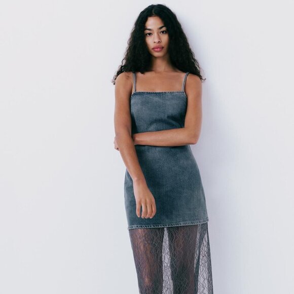 Zara Dresses & Skirts - Zara LACE TRIM DENIM DRESS Size M NEW WITH TAG!